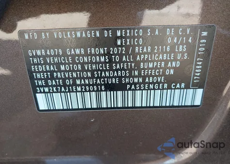 2014 Volkswagen Jetta 2.0L S z USA, uszkodzony, nr VIN 3VW2K7AJ1EM290916